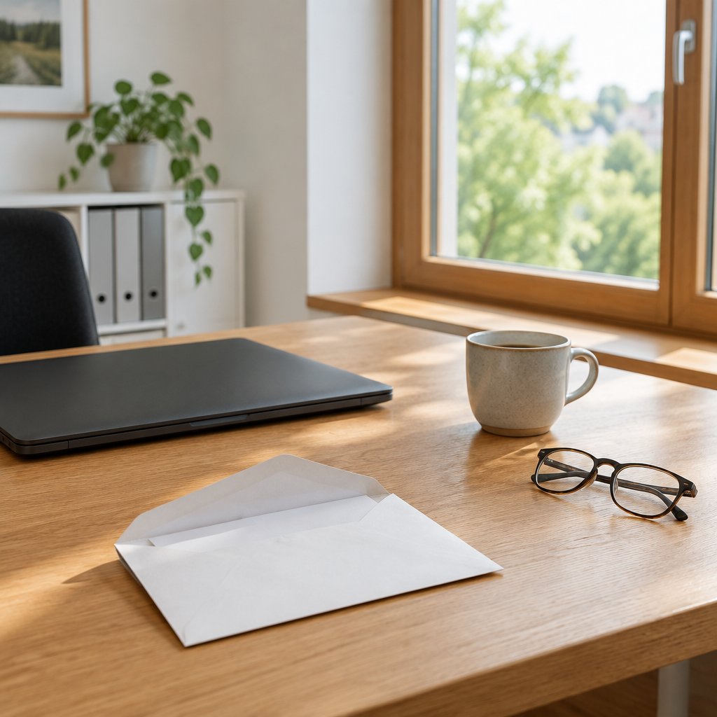 Akutfälle: schnelle Hilfe bei Post vom Finanzamt Aufgeräumter Schreibtisch mit geöffnetem Briefumschlag, Laptop, Brille und Kaffeetasse am Fenster